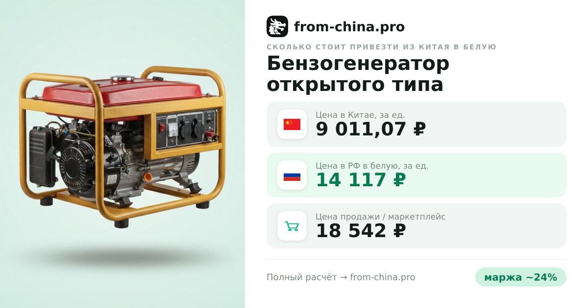Сколько стоит привезти Бензогенератор открытого типа из Китая в белую