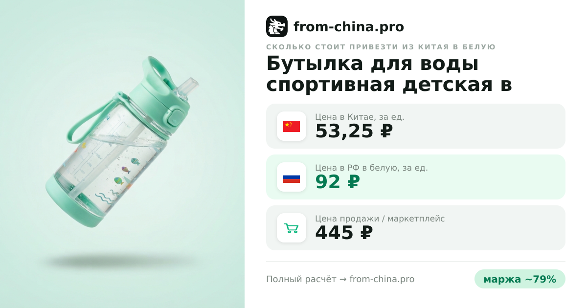 Сколько стоит привезти Бутылка для воды спортивная детская в школу из Китая в белую