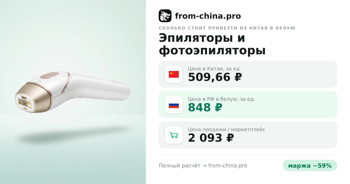 Сколько стоит привезти Эпиляторы и фотоэпиляторы из Китая в белую