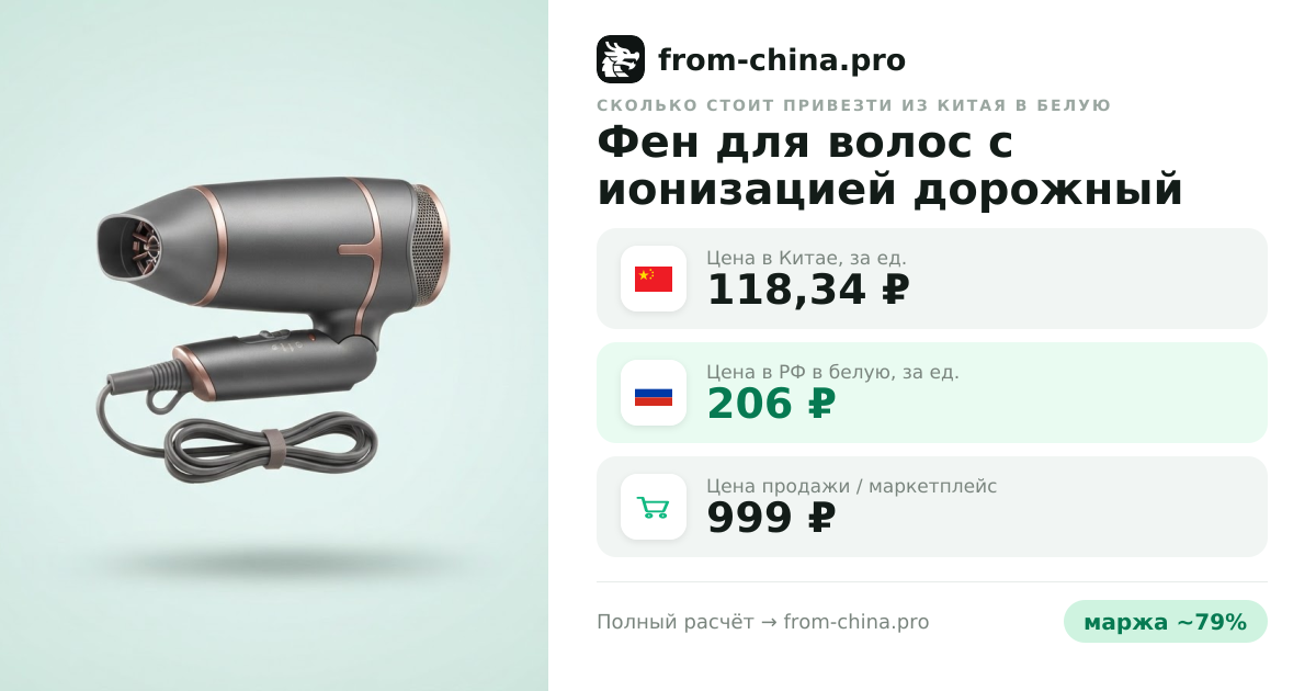 Сколько стоит привезти Фен для волос с ионизацией дорожный из Китая в белую