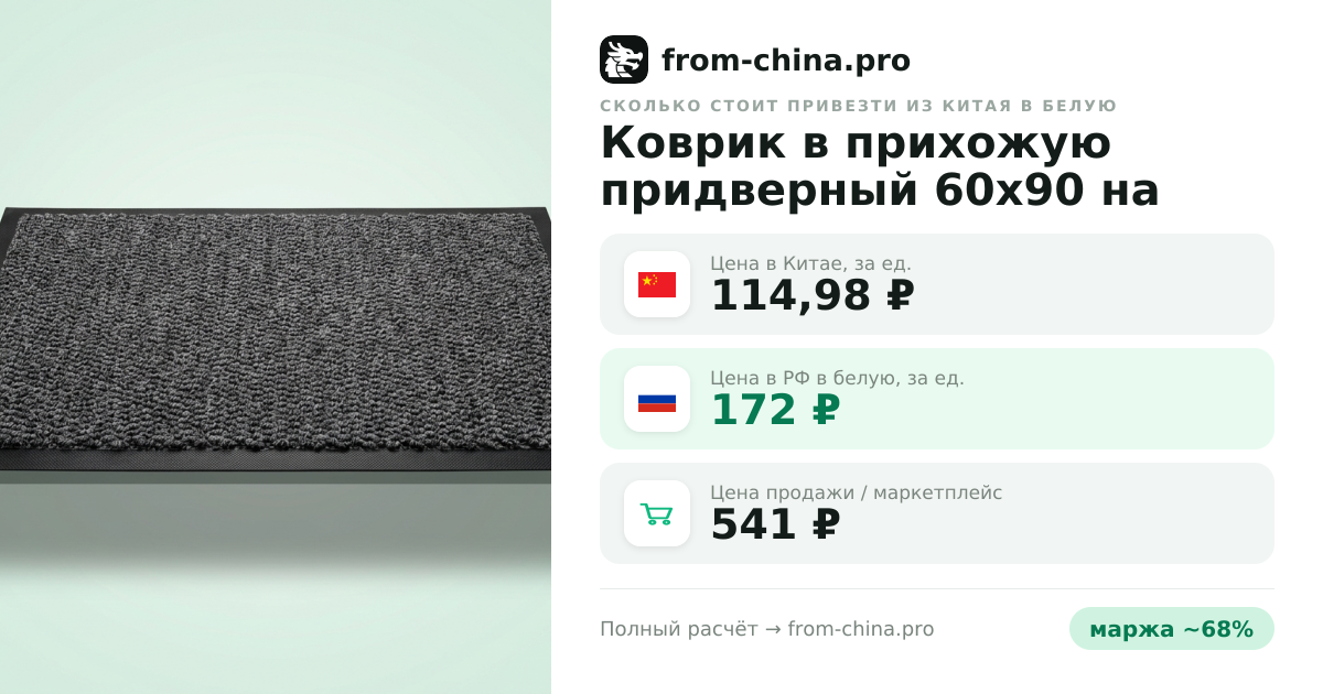 Сколько стоит привезти Коврик в прихожую придверный 60х90 на резиновой основе из Китая в белую