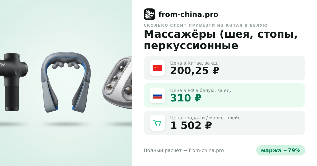 Сколько стоит привезти Массажёры (шея, стопы, перкуссионные пистолеты) из Китая в белую