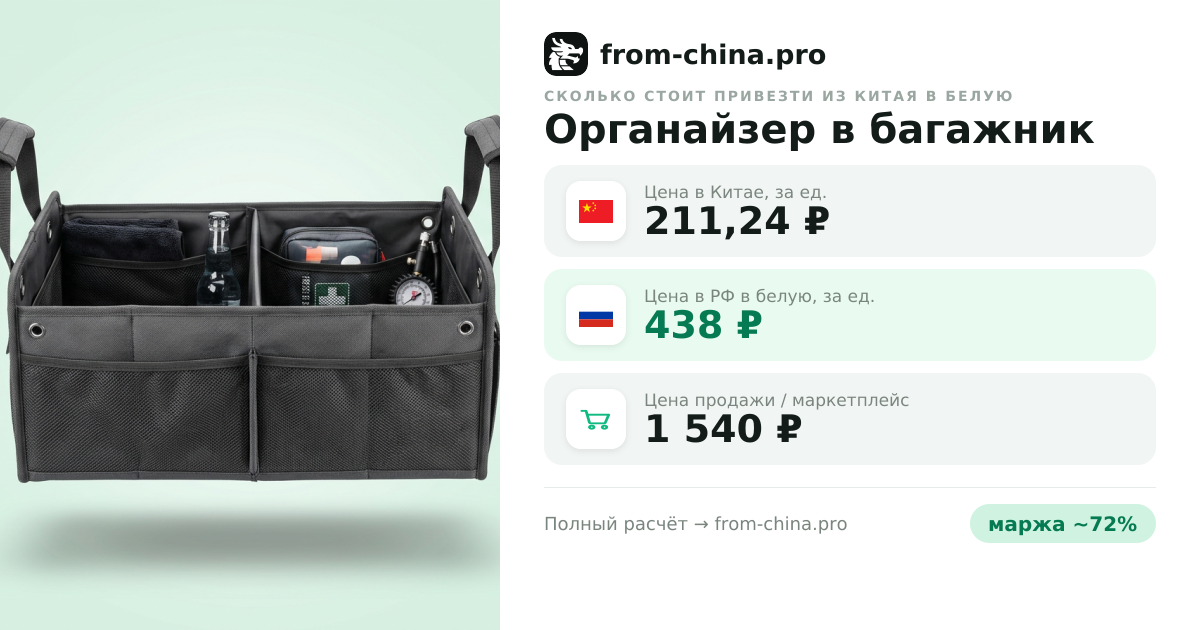Сколько стоит привезти Органайзер в багажник из Китая в белую