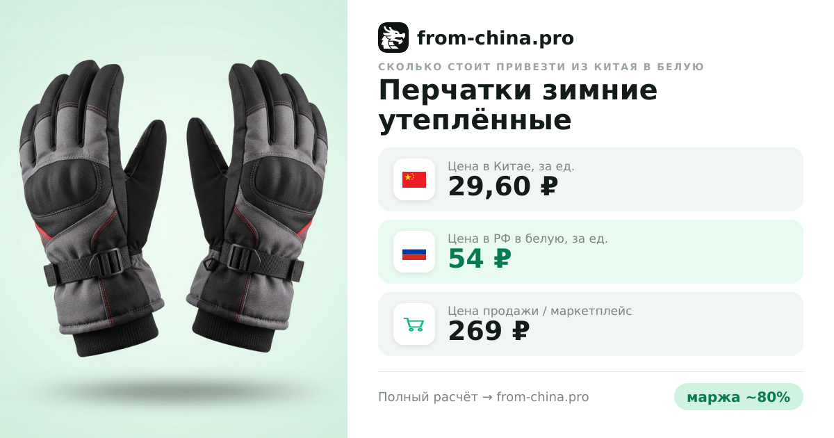Сколько стоит привезти Перчатки зимние утеплённые горнолыжные сенсорные из Китая в белую