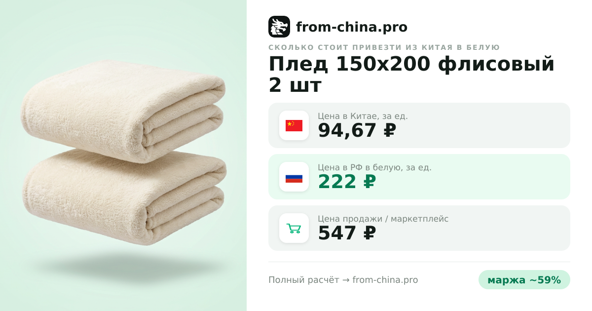 Сколько стоит привезти Плед 150х200 флисовый 2 шт из Китая в белую