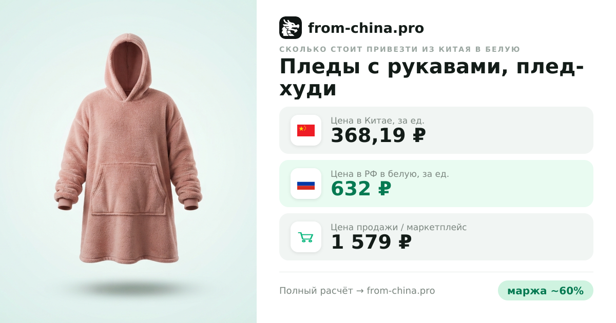 Сколько стоит привезти Пледы с рукавами, плед-худи из Китая в белую