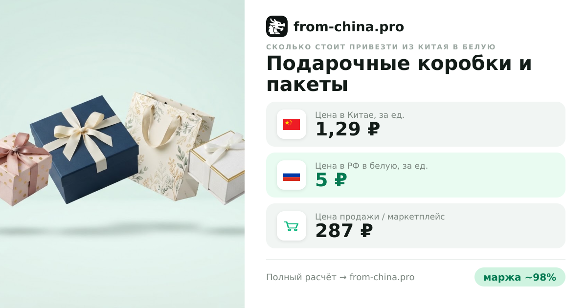 Сколько стоит привезти Подарочные коробки и пакеты из Китая в белую