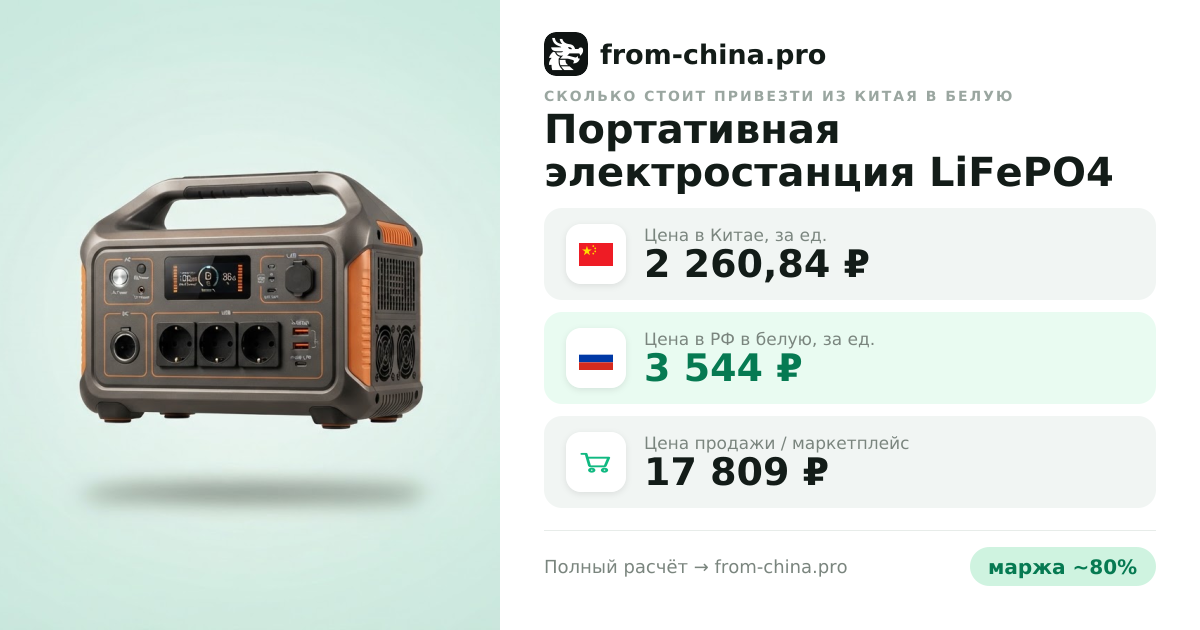 Сколько стоит привезти Портативная электростанция LiFePO4 из Китая в белую