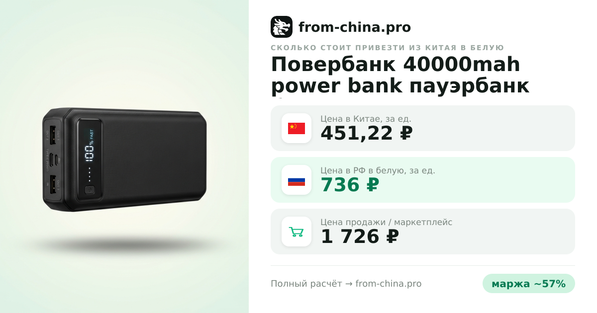 Сколько стоит привезти Повербанк 40000mah power bank пауэрбанк быстрая зарядка из Китая в белую