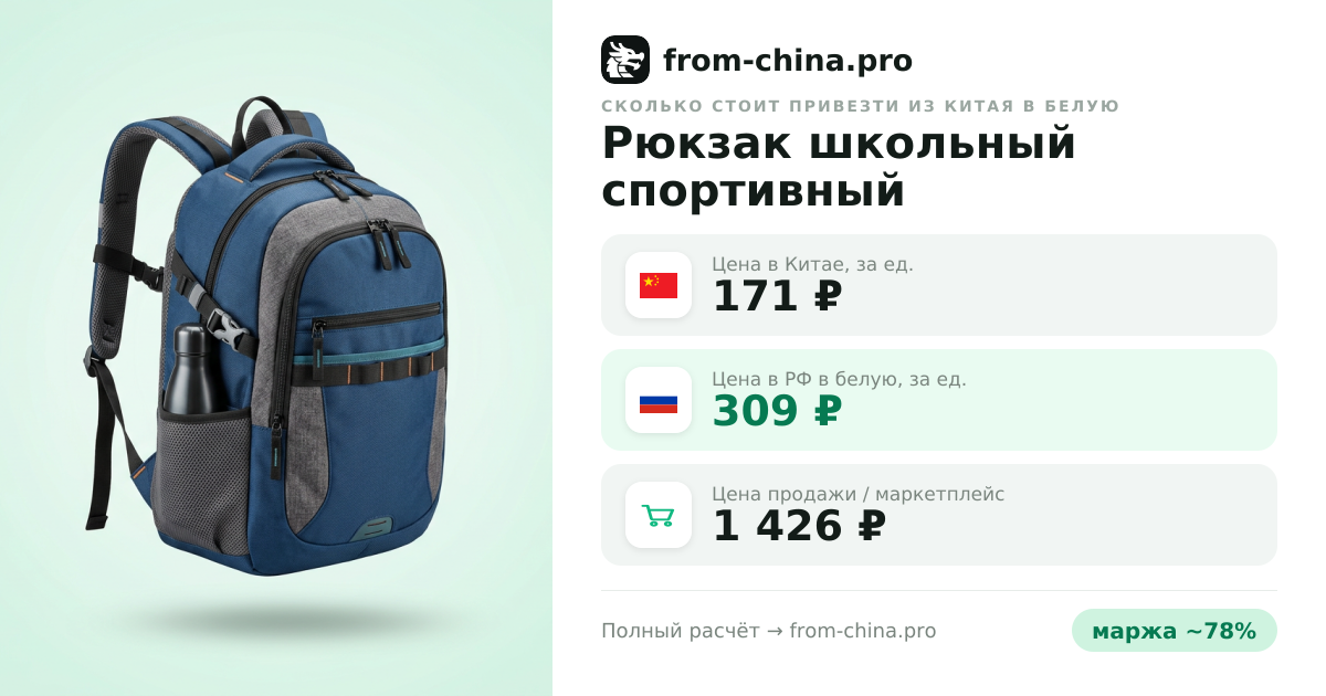 Сколько стоит привезти Рюкзак школьный спортивный универсальный для подростков из Китая в белую