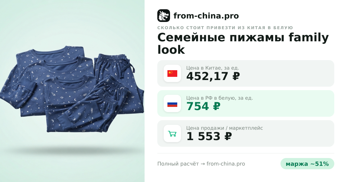 Сколько стоит привезти Семейные пижамы family look из Китая в белую