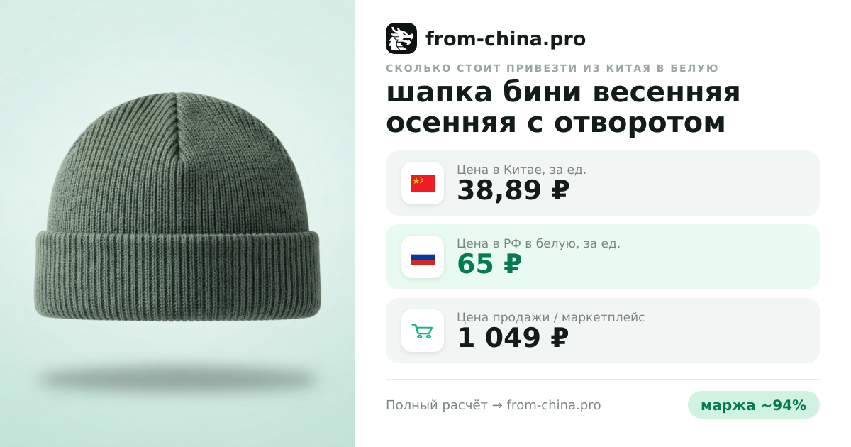 Сколько стоит привезти шапка бини весенняя осенняя с отворотом докер из Китая в белую