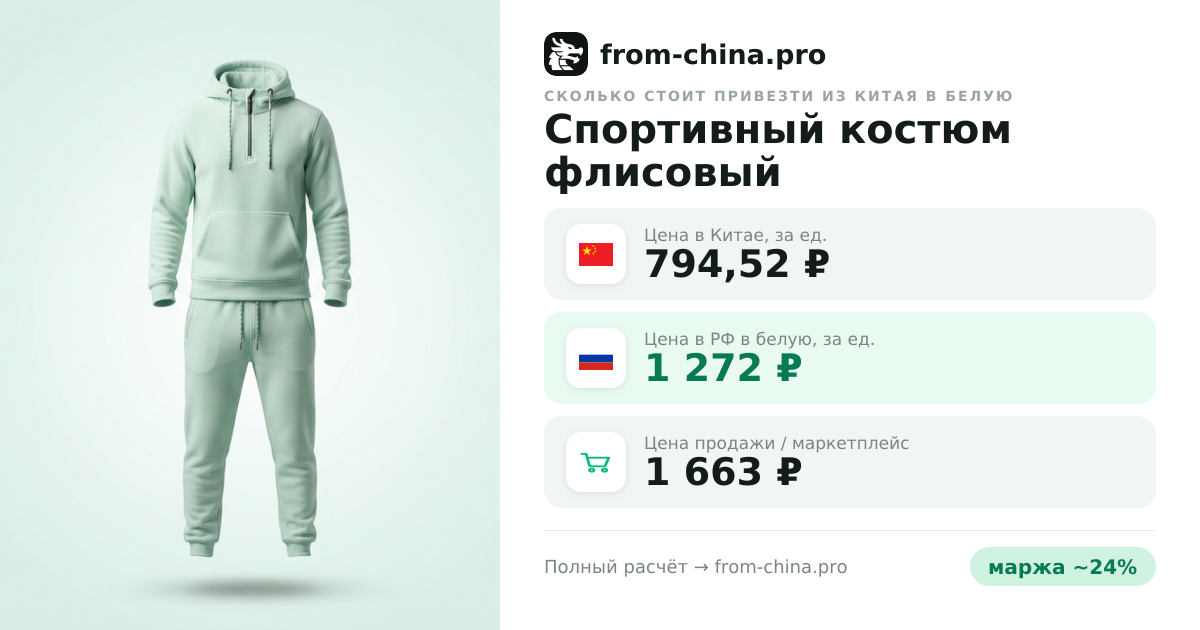 Сколько стоит привезти Спортивный костюм флисовый из Китая в белую