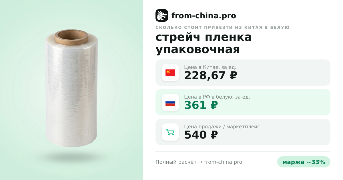 Сколько стоит привезти стрейч пленка упаковочная из Китая в белую