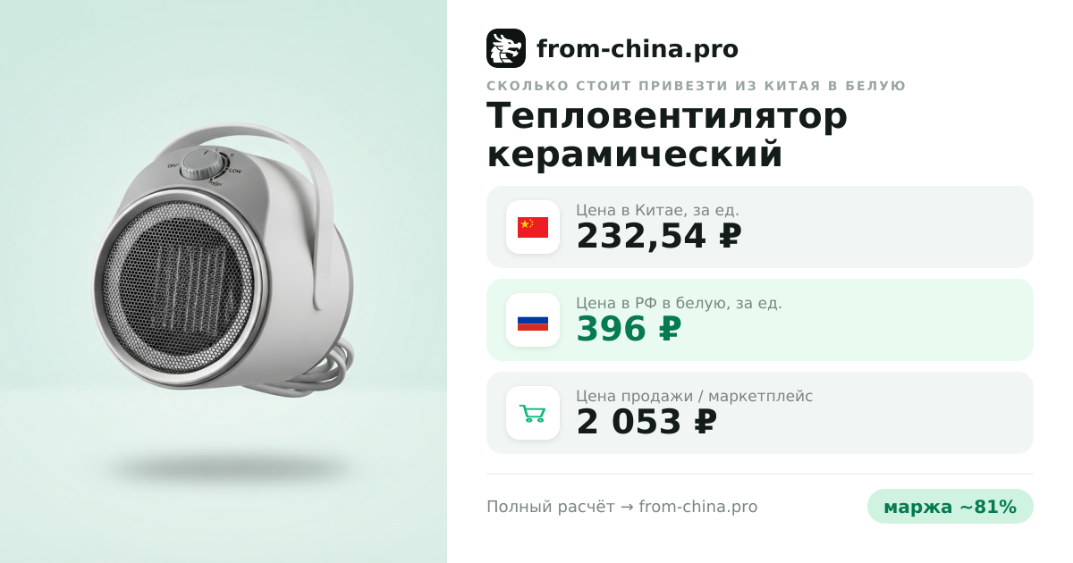 Сколько стоит привезти Тепловентилятор керамический из Китая в белую