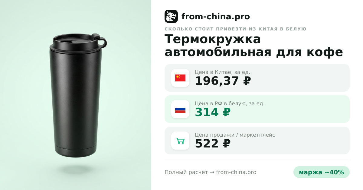 Сколько стоит привезти Термокружка автомобильная для кофе и чая 0.51 л из Китая в белую