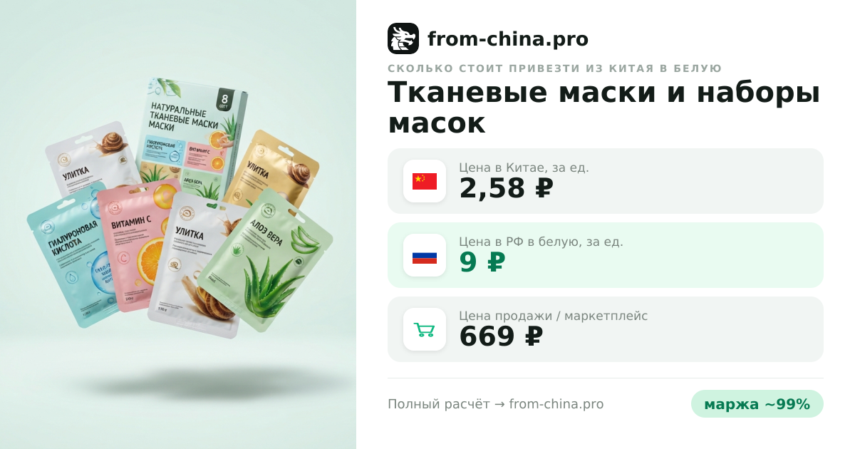 Сколько стоит привезти Тканевые маски и наборы масок из Китая в белую