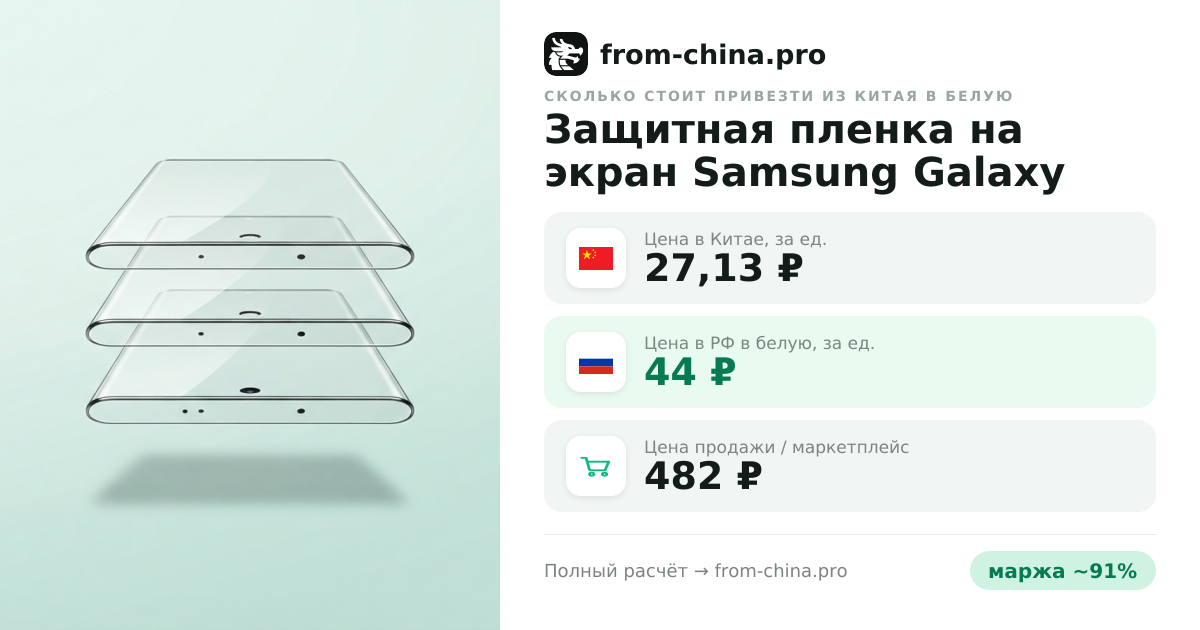 Сколько стоит привезти Защитная пленка на экран Samsung Galaxy S23 Ultra 3шт из Китая в белую